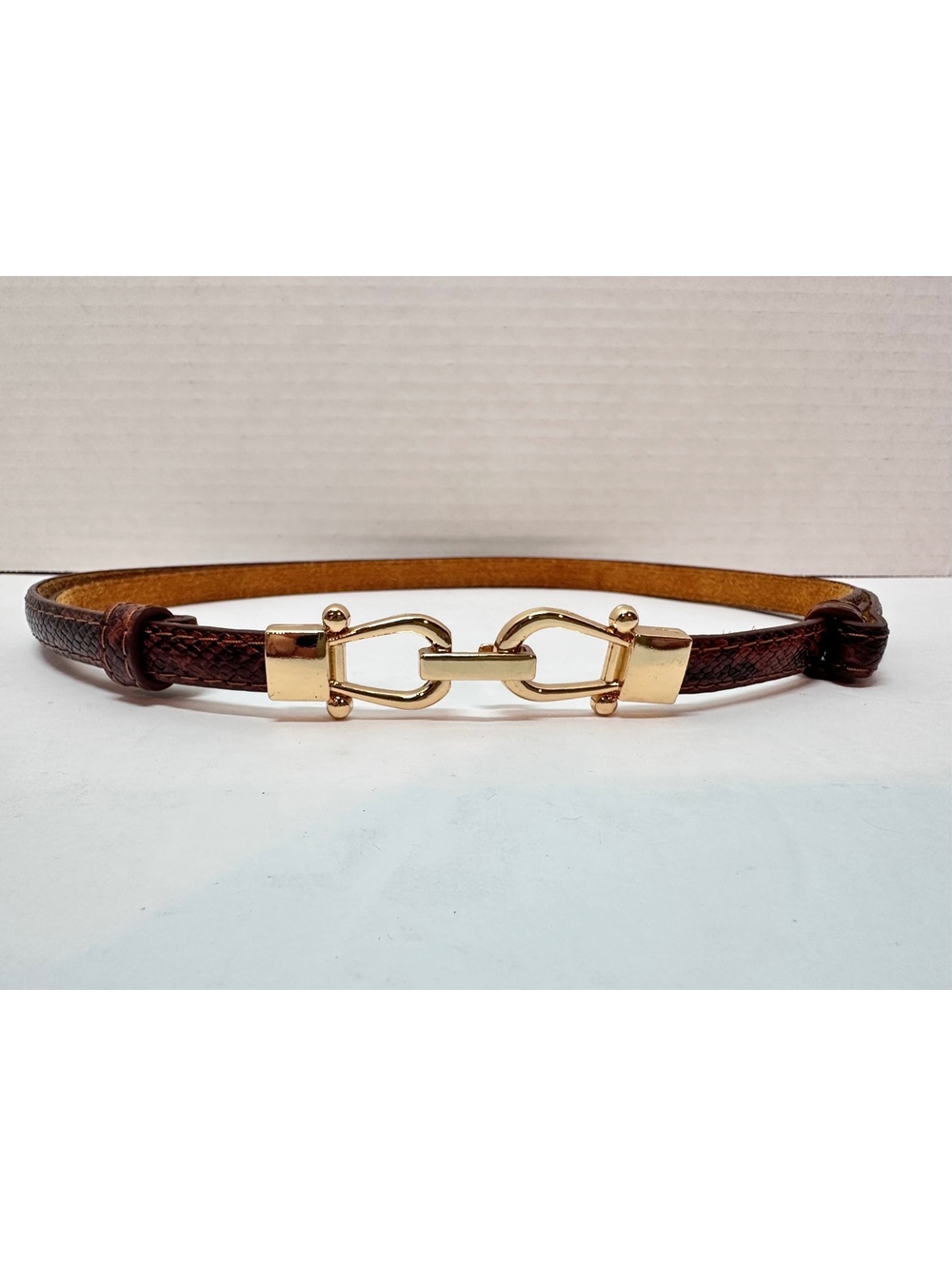 Skinny Dark Brown Snakeskin Pattern Leather Belt Gold Horsebit Buckle 23"-